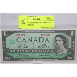 GEM UNC 1967 NO S/N CENTENNIAL 1 DOLLAR NOTE