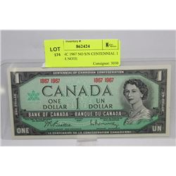 GEM UNC 1967 NO S/N CENTENNIAL 1 DOLLAR NOTE
