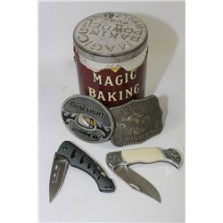 CAN OF COLLECTIBLE BELT BUCKLES