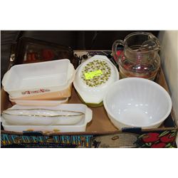 LARGE BOX OF VINTAGE FIREKING COOKWARE ETC