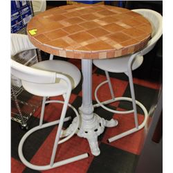 TALL TILE TABLE WITH 2 WHITE HIGH CHAIRS