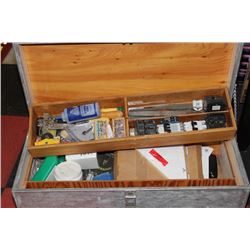 WOODEN TOOL CHEST FILLED WITH ASSORTED TOOLS