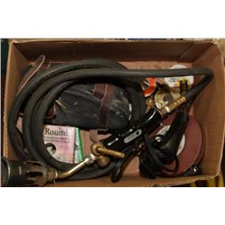 BOX W/ SOLDERING IRON, PROPANE TORCH,