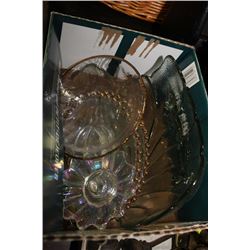 BOX OF CARNIVAL GLASS, CANDLEWICK & MORE