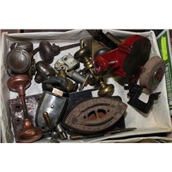 FLAT OF VINTAGE IRON, GRINDING WHEEL, AND MORE