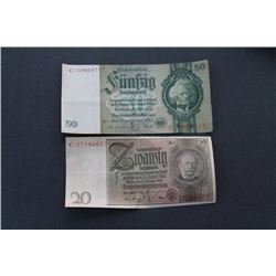 TWO GERMAN WWII BANKNOTES 20 MARK & 50 MARK