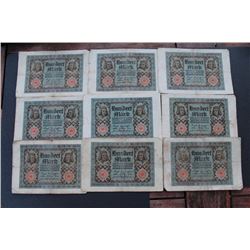 NINE GERMAN 100 MARK BANKNOTES 1920