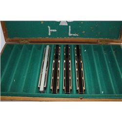 WOODEN HARMONICA CASE WITH 4 HARMONICAS