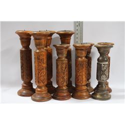 BOX OF NEW WOOD CARVED CANDLE HOLDERS