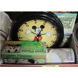 BOX WITH MICKEY MOUSE CLOCK, PUZZLES & PENNY BANK