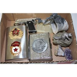 BOX W/ AMETHYST, GEOD, FLASK, CIG. CASE,