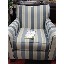 BLUE AND WHITE PIN STRIPE FABRIC ACCENT CHAIR