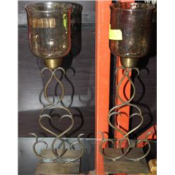LARGE METAL AND AMBER TONE GLASS CANDLE HOLDER X2