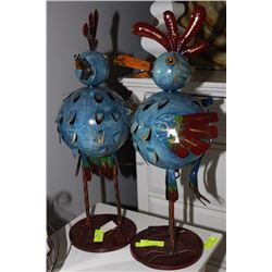 BLUE DECORATIVE METAL ROOSTERS X2