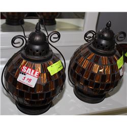 PAIR OF COPPER TONE METAL AND GLASS LANTERN STYLE