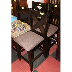 DARK BROWN WOOD AND FABRIC BAR STOOLS X4