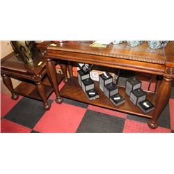 CARVED WOOD AND GLASS SOFA TABLE & END TABLE