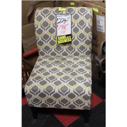 BEIGE & GREY PATTERNED FABRIC ACCENT CHAIR -