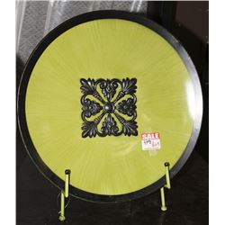 LARGE GREEN METAL DECORATIVE PLATE W STAND