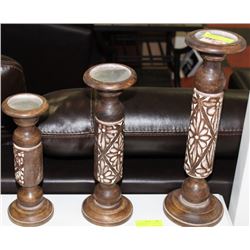 SET OF 3 WOOD CARVED CANDLE HOLDERS