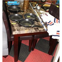 FAUX MARBLE TOP WOODEN TABLE WITH 4 LEATHERETTE