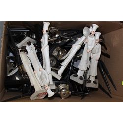 BOX OF PEN HOLDERS AND CHEF ORNAMENTS