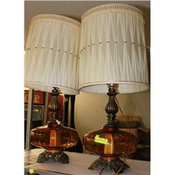 PAIR OF AMBER GLASS DOUBLE LIGHT LAMPS