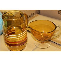 VINTAGE AMBER PITCHER WITH AMBER POURING BOWL