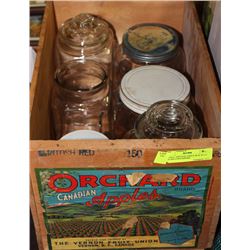 SMALL VINTAGE APPLE BOX WITH GLASS CONTAINERS