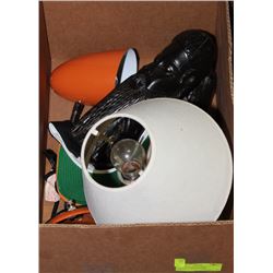 BOX FILLED WITH LAMPS, CARVINGS, HATS & MORE