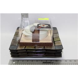 4 DINNER PLATES AND SERVING DISH & KNIFE