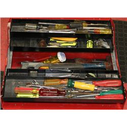 LARGE RED TOOLBOX WITH ASSORTED HAND TOOLS