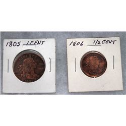 1805 - 1806 1 CENT & 1/2 CENT COINS