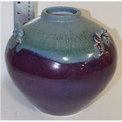 DESIGNER PURPLE AND BLUE CERAMIC VASE W/ WOOD BASE