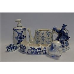 ESTATE WHITE AND BLUE TEAPOT AND ORNAMENTS
