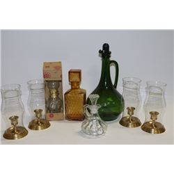 BOX OF LANTERNS AND DECANTERS