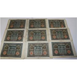 NINE GERMAN 100 MARK BANKNOTES FROM 1920