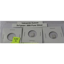 THREE 1 GRAM VALCAMBI SUISSE .999 SILVER BAR