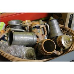 NEW WICKER BASKET WITH BEER STEINS