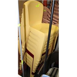 10 YELLOW & 1 RED PLASTIC STACKING CHAIRS