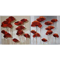 SHOWHOME PAIR OF FLORAL CANVASES AND 2 VASES