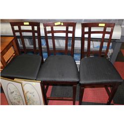 3 WOOD BAR STOOLS W/PADDED SEATS