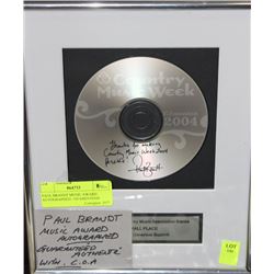 PAUL BRANDT MUSIC AWARD AUTOGRAPHED - GUARANTEED