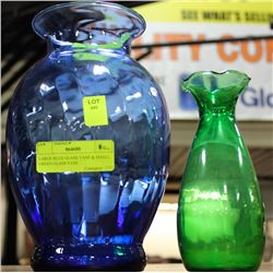 LARGE BLUE GLASS VASE & SMALL GREEN GLASS VASE