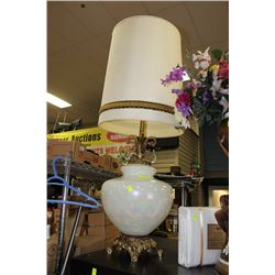 LARGE BRONZE TONE AND PEARL WHITE LAMP