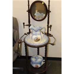 VINTAGE WOOD WASH BASIN WITH CERAMIC BOWL