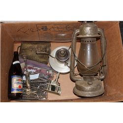 BOX WITH LANTERNS, RAILROAD TRACK, COWBELL, ETC