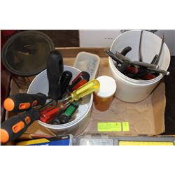 FLAT OF VARIOUS SCREWDRIVERS, PLIERS, & SOCKETS