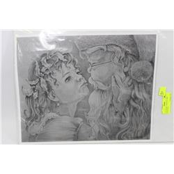 GAIL ADAMS  CHARCOAL  SKETCH 'GIRL WITH SANTA'