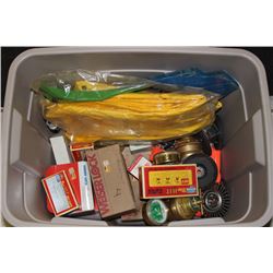 TOTE WITH RAIN GEAR,  LOCKS, GUAGES, TOOLS ETC